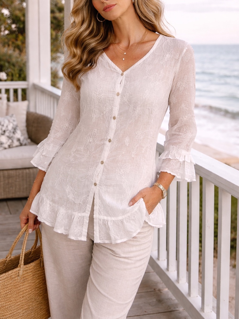 Canada Premium 100% Cotton White Embroidered Tie-Back Coastal Tunic Blouse 18